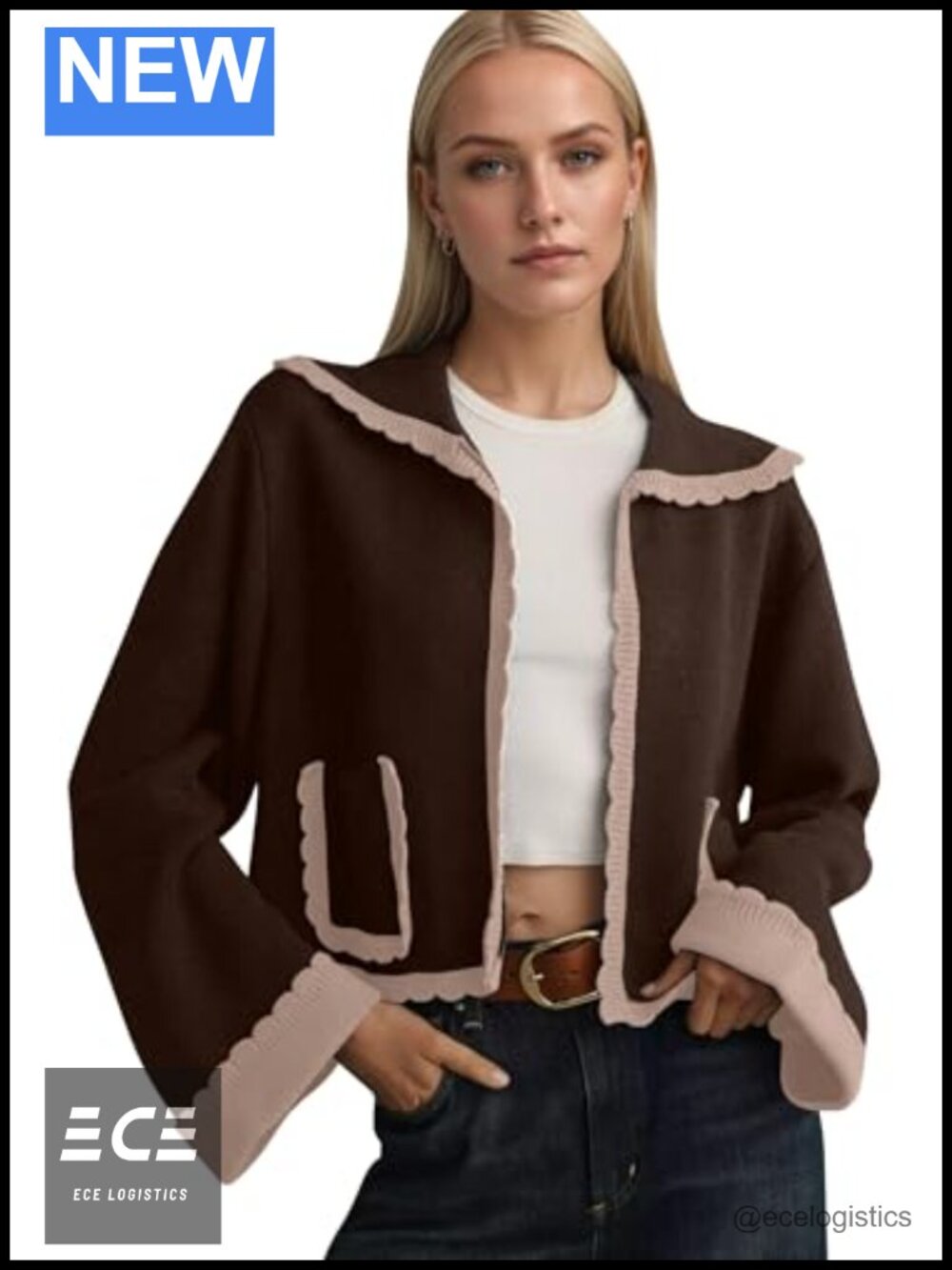 Scallop Collar Bell Sleeve Open Front Knit Cardigan Sweater with Pockets